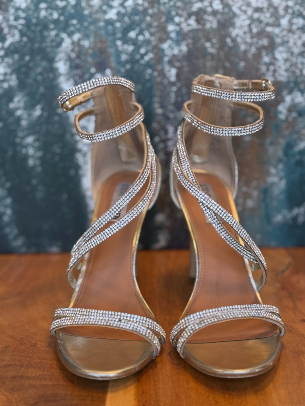 Steve Madden Glam Rhinestone Strappy Heels‎ Gold/Silver 7.5 (GUC)